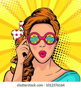 Wow pop art face of surprised woman open mouth holding sunglasses in her hand with inscription wow in reflection. Vector illustration in retro comic style.