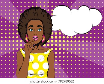 Wow pop art face. Surprised african woman with open mouth and speech bubble. Pop art