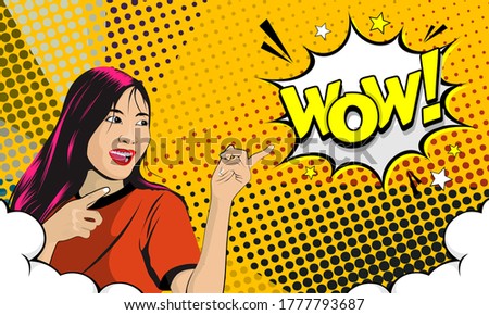 Wow pop art face. surprised young asian woman with open mouth and long hairstyle showing point to Wow speech bubble. Vector colorful background in pop art retro comic style.