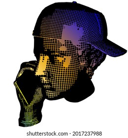 Wow pop art face teenager. Emotion young man talking on the phone. 3d grid