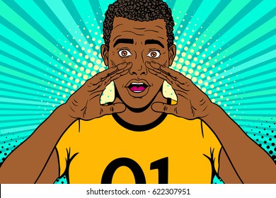 Wow pop art face. Young surprised afro american man in yellow t-shirt with open mouth and rising hands screaming announcement. Vector background in comic retro pop art style. Party invitation poster