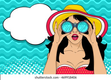 Wow pop art female face. Sexy surprised girl in hat with open mouth holding binoculars in her hands and speech bubble. Vector colorful summer background in pop art retro comic style.