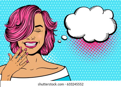 Wow Pop Art Female Face. Sexy Young Woman With Pink Curly Hairstyle And Closed Eyes Laughing And Speech Bubble. Vector Bright Illustration In Pop Art Retro Comic Style. Party Invitation Poster.