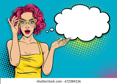 Wow pop art female face. Sexy surprised young woman in glasses with open mouth and pink curly hair and speech bubble. Vector bright background in pop art retro comic style. Party invitation poster.