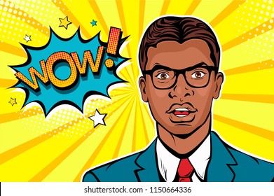 Wow pop art male face. Young afro american surprised man in glasses with open mouth and Wow speech bubble. Vector colorful illustration in retro comic style.