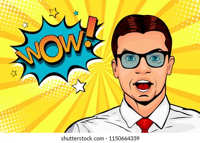 Wow pop art male face. Young surprised man in glasses with open mouth and Wow speech bubble. Vector colorful illustration in retro comic style.