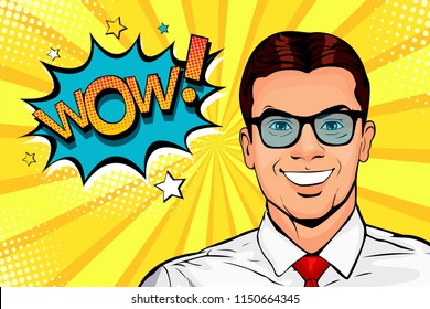 Wow pop art male face. Young surprised man in glasses with open mouth and Wow speech bubble. Vector colorful illustration in retro comic style.