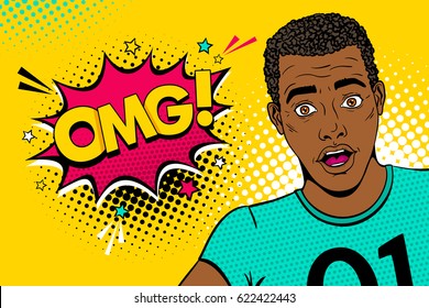 Wow Pop Art Male Face. Young Sexy Surprised African American Black Man With Open Mouth And OMG Speech Bubble With Stars. Vector Colorful Illustration In Retro Comic Style. Party Invitation Poster.