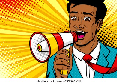 Wow pop art male face. Young african american man with open mouth, flying tie, megaphone screaming announcement. Vector background in comic retro pop art style. Party invitation poster.