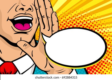 Wow pop art male face. Closeup of man with open mouth rising his hand screaming announcement and empty speech bubble. Vector background in comic retro pop art style. Invitation poster.