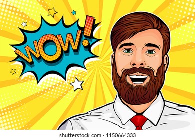 Wow pop art male hipster face. Young surprised man with beard and open mouth Wow speech bubble. Vector colorful illustration in retro comic style.