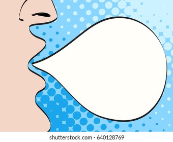 Wow pop art man. Man with open mouth screaming announcement on empty speech bulb blue dot background. Vector background in comic retro pop art style. Party invitation poster.
