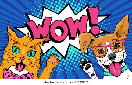 Wow pop art pets. Funny surprised cat and dog in glasses with open mouths rising  paws up. Vector illustration in retro comic style. Vector pop art background.