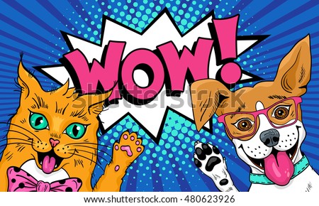 Wow pop art pets. Funny surprised cat and dog in glasses with open mouths rising  paws up. Vector illustration in retro comic style. Vector pop art background.