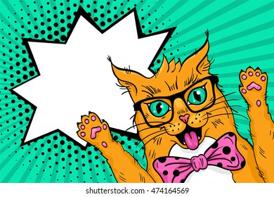 Wow pop art red cat  face. Funny surprised cat in glasses with open mouth rising his paws up. Vector illustration in retro comic style. Vector pop art background.