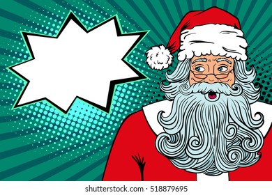 Wow Pop Art Santa Claus In Red Costume With Surprised Face And Open Mouth Looking To The Side On Speech Bubble. Vector Illustration In Retro Pop Art Comic Style. Christmas Party Invitation Poster.