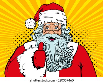 Wow pop art Santa Claus in red costume with surprised face and open mouth and  thumb up. Vector illustration in retro pop art comic style. Christmas party invitation background.