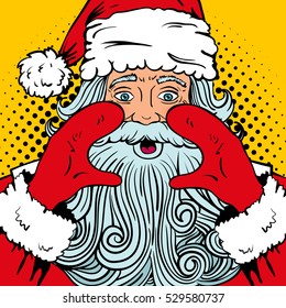 Wow pop art Santa Claus with surprised face, wide open eyes and mouth and rising hands screaming. Vector illustration in retro pop art comic style. Christmas party invitation.