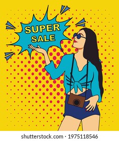 Wow Pop Art Style Girl In Female Glasses Background. Photographer Teen Travel. Cartoon Vector Illustration Poster Flyer Design Banner, Poster, Postcard. Shop Super Sale Offer Best Price Slogan Print