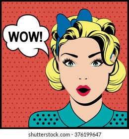 WOW pop art surprised woman with speech bubble. Vector illustration 
