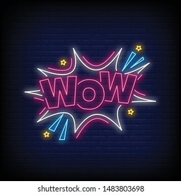 wow for poster in neon style. Wow neon signs. greeting card, invitation card, light banner, posters, flyer