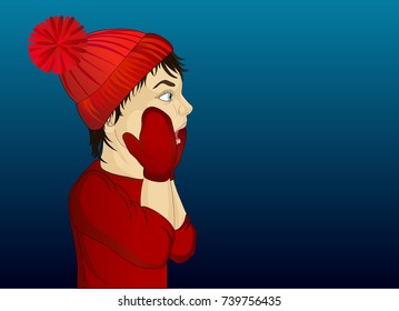 Wow. Profile boy looking surprised and shows hands wow. Vector. Portrait of a in red cap and mittens. Free space for text or advertising. Pop art winter christmas style.