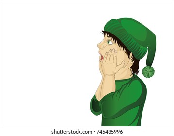 Wow. Profile boy looking surprised and shows hands wow. Vector. Portrait of a in red cap and mittens. Free space for text or advertising. Pop art winter christmas style. St.Patrick 's Day.