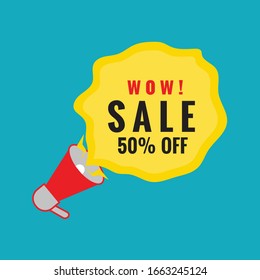 Wow! Red poster with loudspeaker and speech bubble