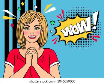 Wow retro girl. Happy vintage woman with folded hands, amazed or surprised expression stunning lady face vector illustration