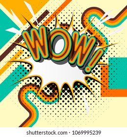 WOW - letras retro con sombras, patrón de medio tono sobre fondo de afiches retro. Ilustración vectorial brillante en estilo de arte pop vintage. 
