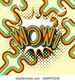 WOW - retro lettering with shadows, halftone pattern on retro poster  background. Vector bright illustration in vintage pop art style. 