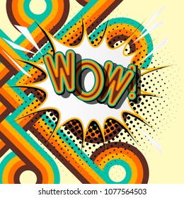 WOW - retro lettering with shadows, halftone pattern on retro poster  background. Vector bright illustration in vintage pop art style.