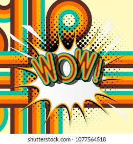 WOW - retro lettering with shadows, halftone pattern on retro poster  background. Vector bright illustration in vintage pop art style.