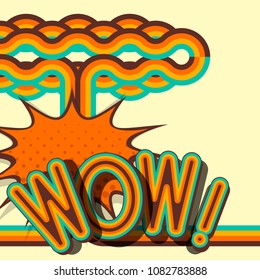 WOW - retro lettering with shadows, halftone pattern on poster popart background. 