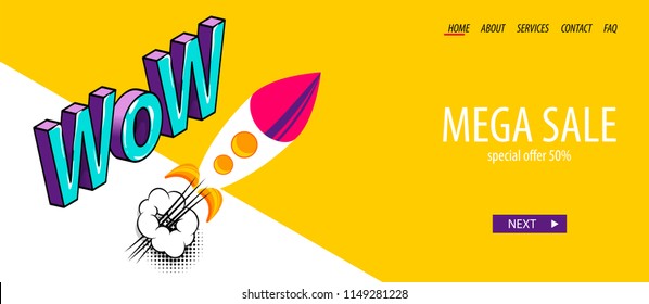 Wow, rocket start up comics. Isometric digital banner business flat site background. Header vector design. 3d comic text pop art phrase. Creative font. Yellow color.