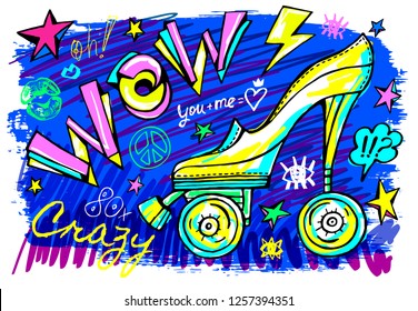 Wow rollers skates girls trendy shoes, high heel, sport slogan lettering. Color pencil, marker, ink, pen doodles sketch style. Hand drawn illustration vector.