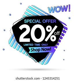 Wow Sale 20% off tag, discount banner design template, special offer, limited time only, vector illustration