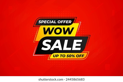 Wow sale banner template with special offer tag. Website header advertising, shop store offer tag. Market promotion banner and wow discount announcement background vector illustration.