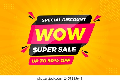 Wow sale banner template with special offer tag. Website header advertising, shop store offer tag. Market promotion banner and wow discount announcement background vector illustration.