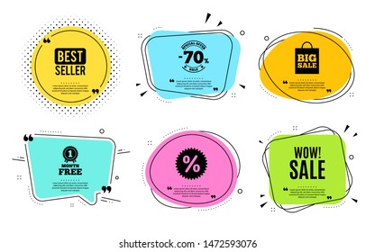 Wow Sale. Best seller, quote text. Special offer price sign. Advertising Discounts symbol. Quotation bubble. Banner badge, texting quote boxes. Wow sale text. Coupon offer. Vector