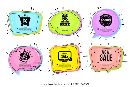 Wow Sale. Big buys, online shopping. Special offer price sign. Advertising Discounts symbol. Quotation bubble. Banner badge, texting quote boxes. Wow sale text. Coupon offer. Vector