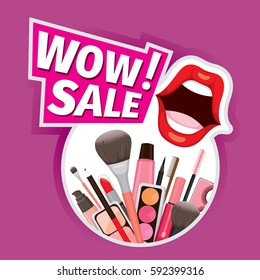 Wow Sale Cosmetics Banner For Shopping Season, Makeup, Accessories, Equipment, Beauty, Facial, Fashion