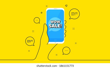 Wow Sale. Hand hold phone. Yellow banner with continuous line. Special offer price sign. Advertising Discounts symbol. Mobile phone banner. Continuous line hand. Wow sale bubble. Vector