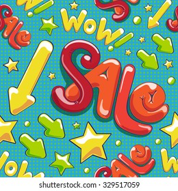 Wow! Sale. Hand lettering Design on blue background. Seamless vector pattern.