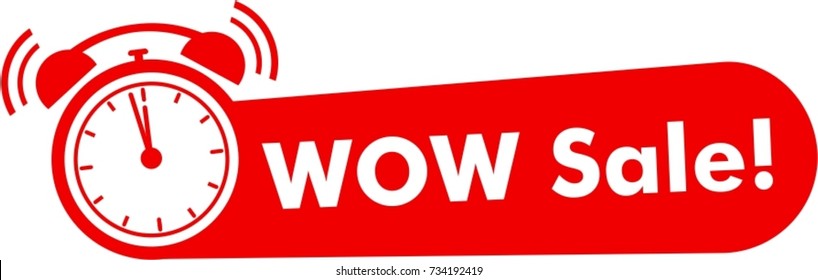 WOW sale label, red icon, promotion logo, alarm clock flat