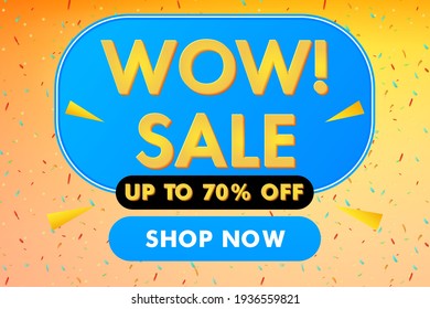 Wow Sale modern horizontal banner background with confetti. Sale 70% off discount.  Template for discount, business, advertisement, promotion. Blue and orange color. Stock vector illustration.