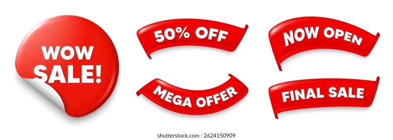 Uau adesivo de venda, venda oferecer fitas. Agora abra, Mega desconto. Uau etiqueta de venda. Sinal de preço de oferta especial. Símbolo de Descontos publicitários. Etiqueta vermelha. Bandeiras da faixa de opções. Vetor