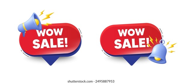 Wow Sale tag. Speech bubbles with 3d bell, megaphone. Special offer price sign. Advertising Discounts symbol. Wow sale chat speech message. Red offer talk box. Vector