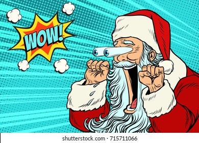 Wow Santa Claus Christmas Character Emotional Reaction. Pop Art Retro Vector Illustration