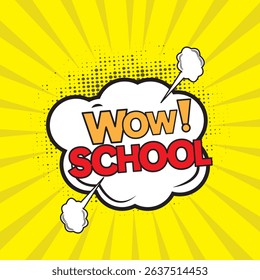 wow school school text vector design. Welcome back to school greeting in doodle space for typography with pencil, bulb, chalkboard and arts materials elements. Vector illustration school greeting